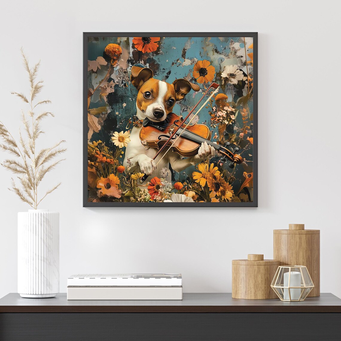 Dog Violin Flowers Jack Russell Musical Puppy Vintage Art Poster - Image 2