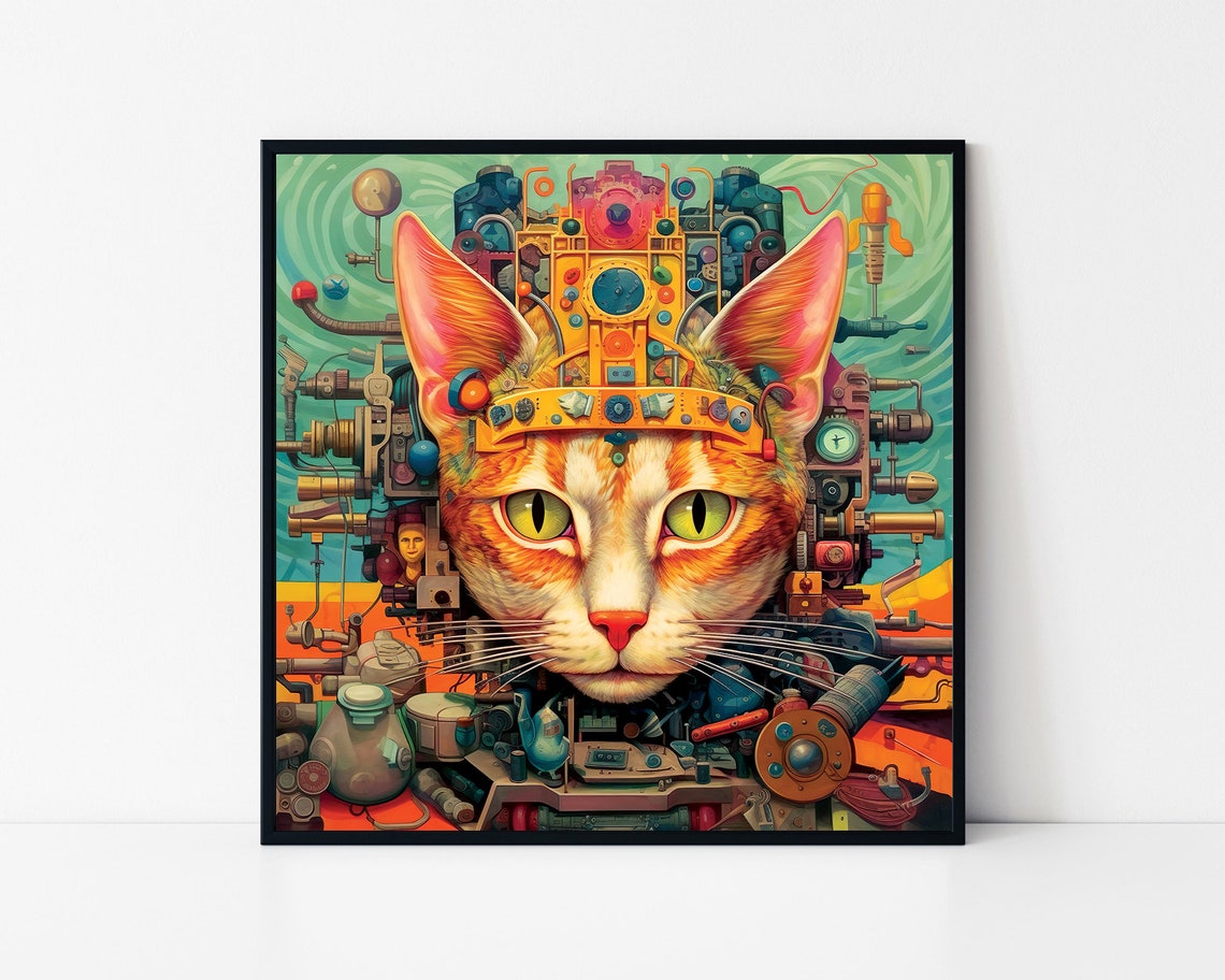 Steampunk Cat Face With Gears And Machinery Orange Cat Art Poster