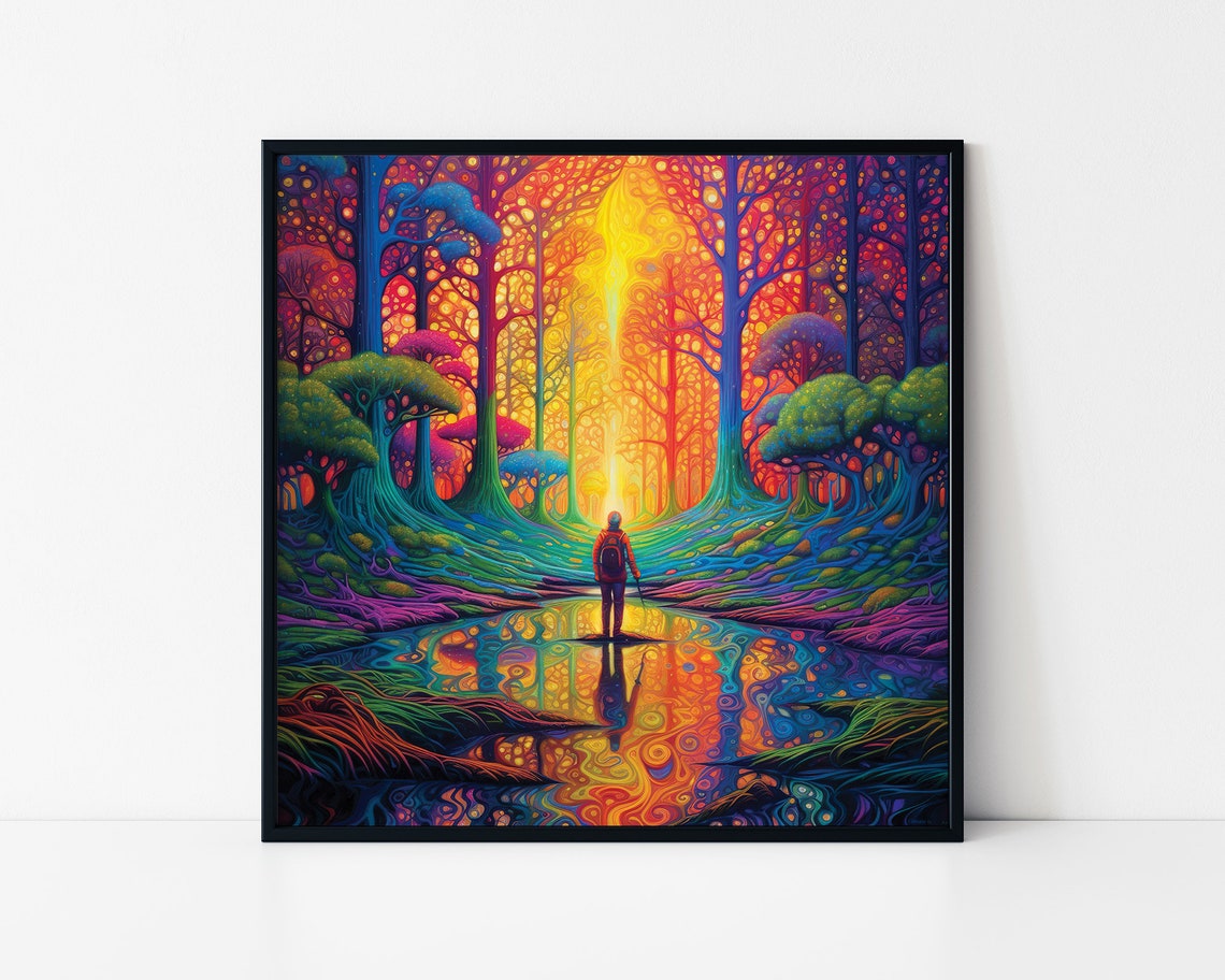 Lone Hiker In Psychedelic Rainbow Forest Reflective Lake Art Poster
