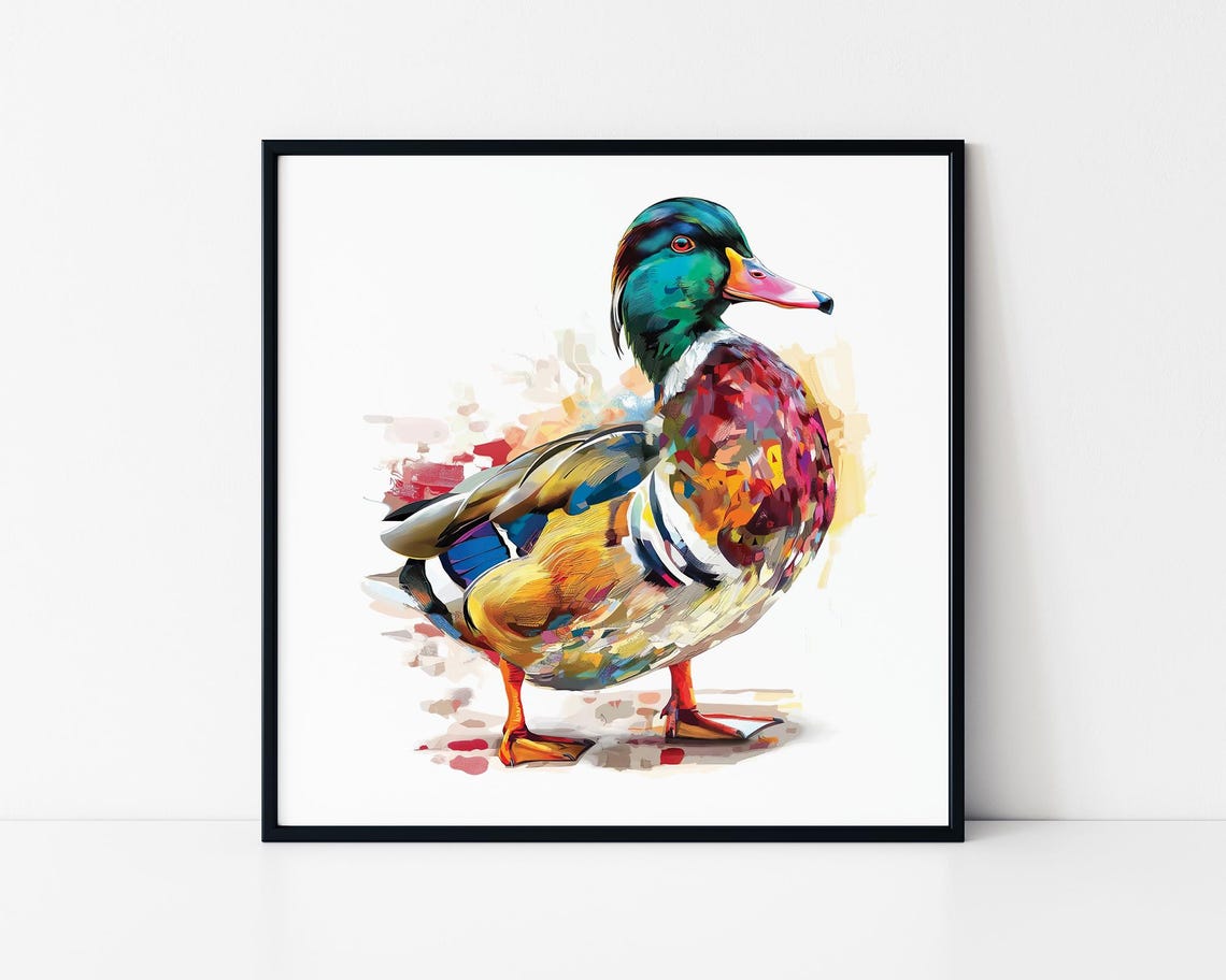 Colorful Mandarin Duck Watercolor Bird Portrait Nature Poster