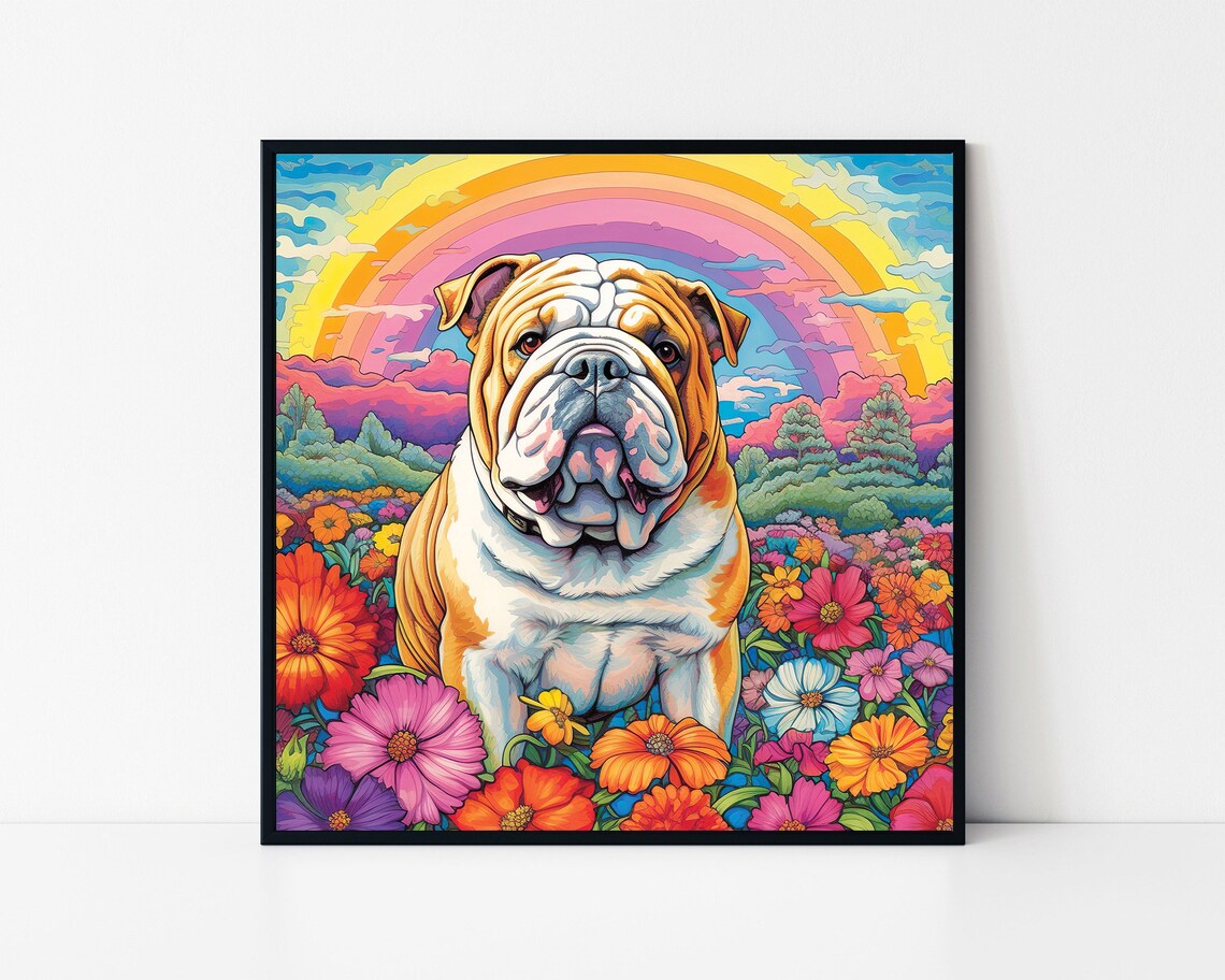 Bulldog Flower Field Rainbow Colorful Puppy Garden Meadow Poster