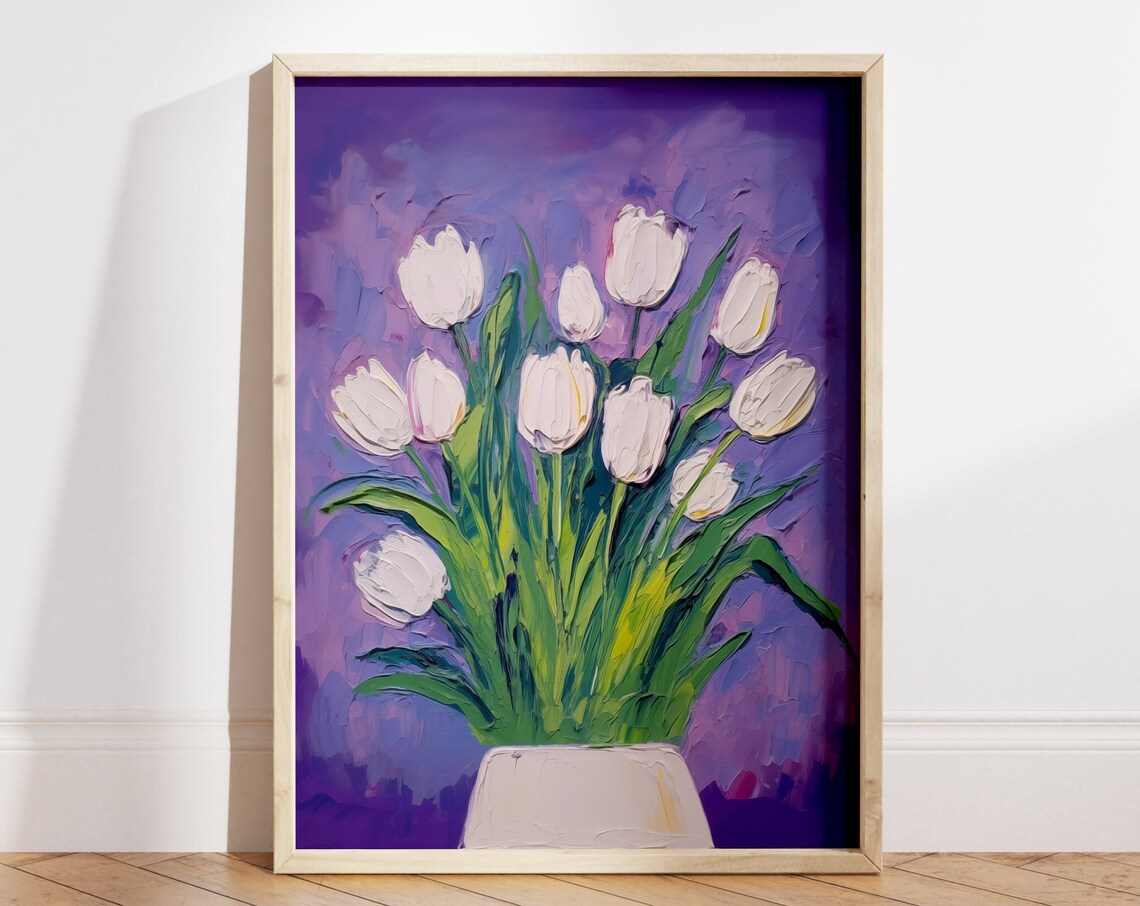 White Tulips Textured Impasto Oil Painting Purple Background Poster