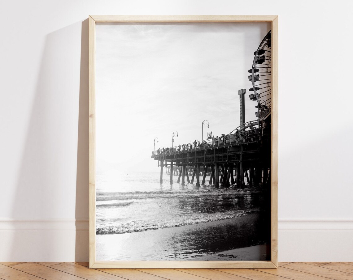 Santa Monica Pier Ferris Wheel Black White Beach Photo Poster