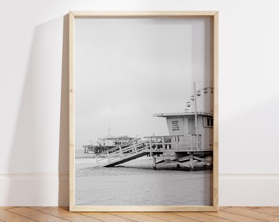 Santa Monica Pier Lifeguard Tower Beach Black White Photo Poster