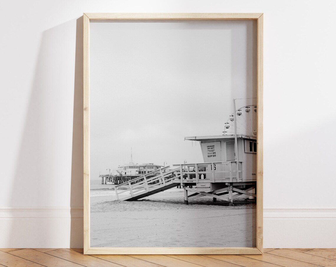 Santa Monica Pier Lifeguard Tower Beach Black White Photo Poster