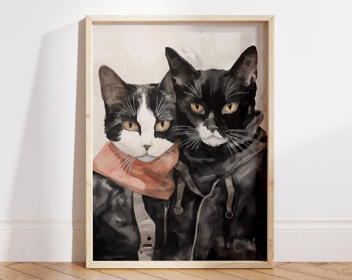 Two Cool Cats Wearing Jackets Watercolor Funny Pet Art Poster