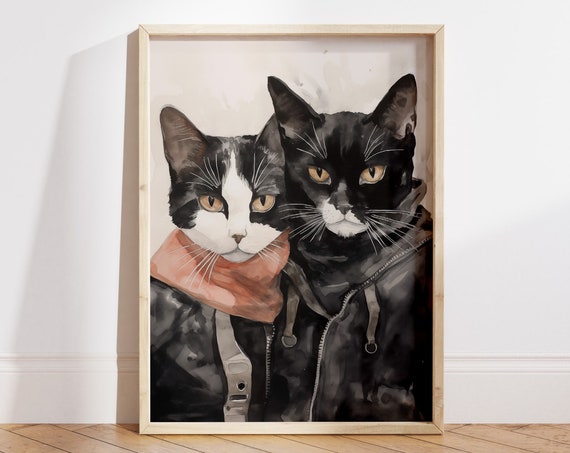 Watercolor Cat Duo Poster By Wallency Cats In Leather Maximalist Art Funny Cat Print Cat Art Catlover Gift File