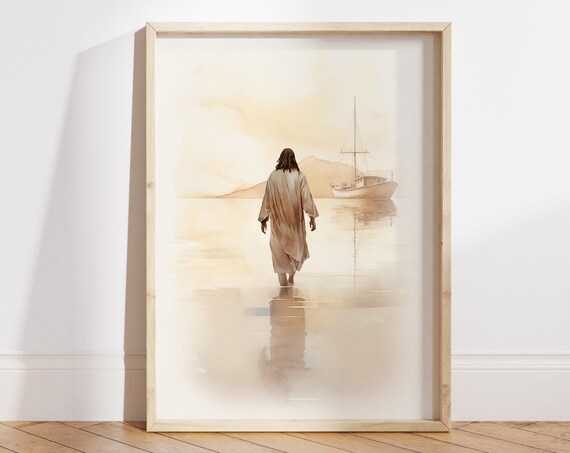 Minimalist Jesus Walking on Water Soft Beige Christian Art Poster