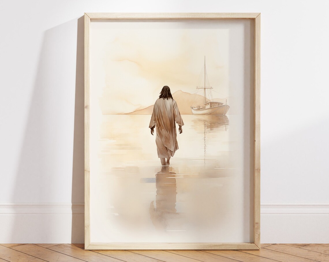 Minimalist Jesus Walking on Water Soft Beige Christian Art Poster