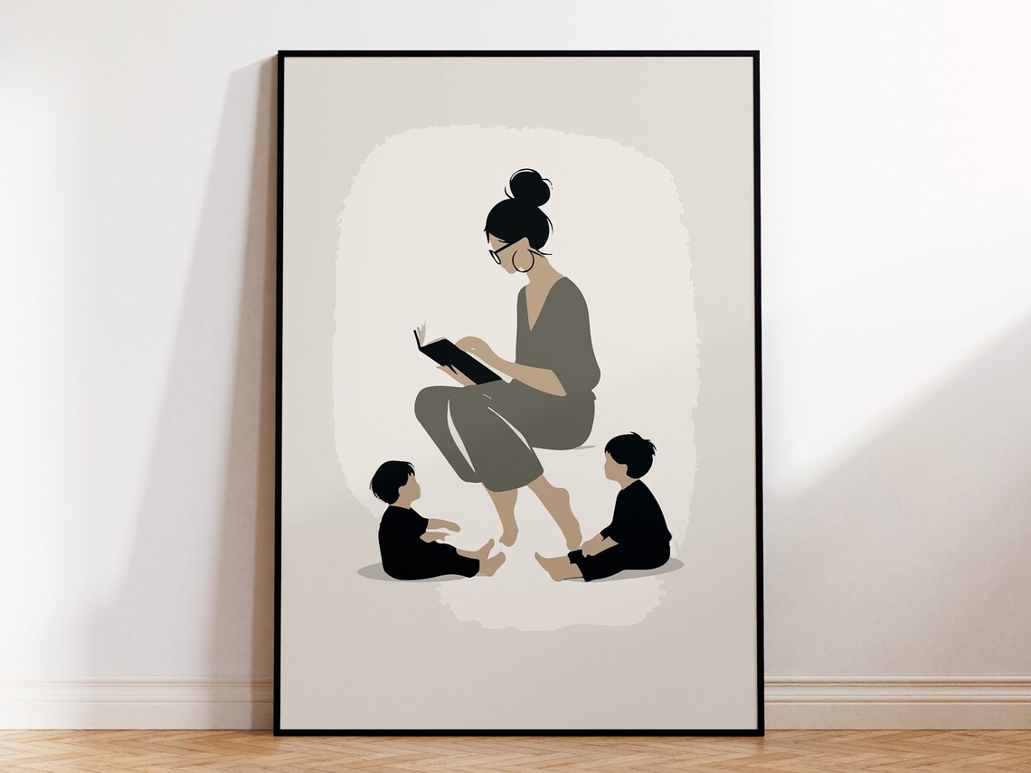 Mom Reading Book To Kids Minimalist Motherhood Storytime Poster
