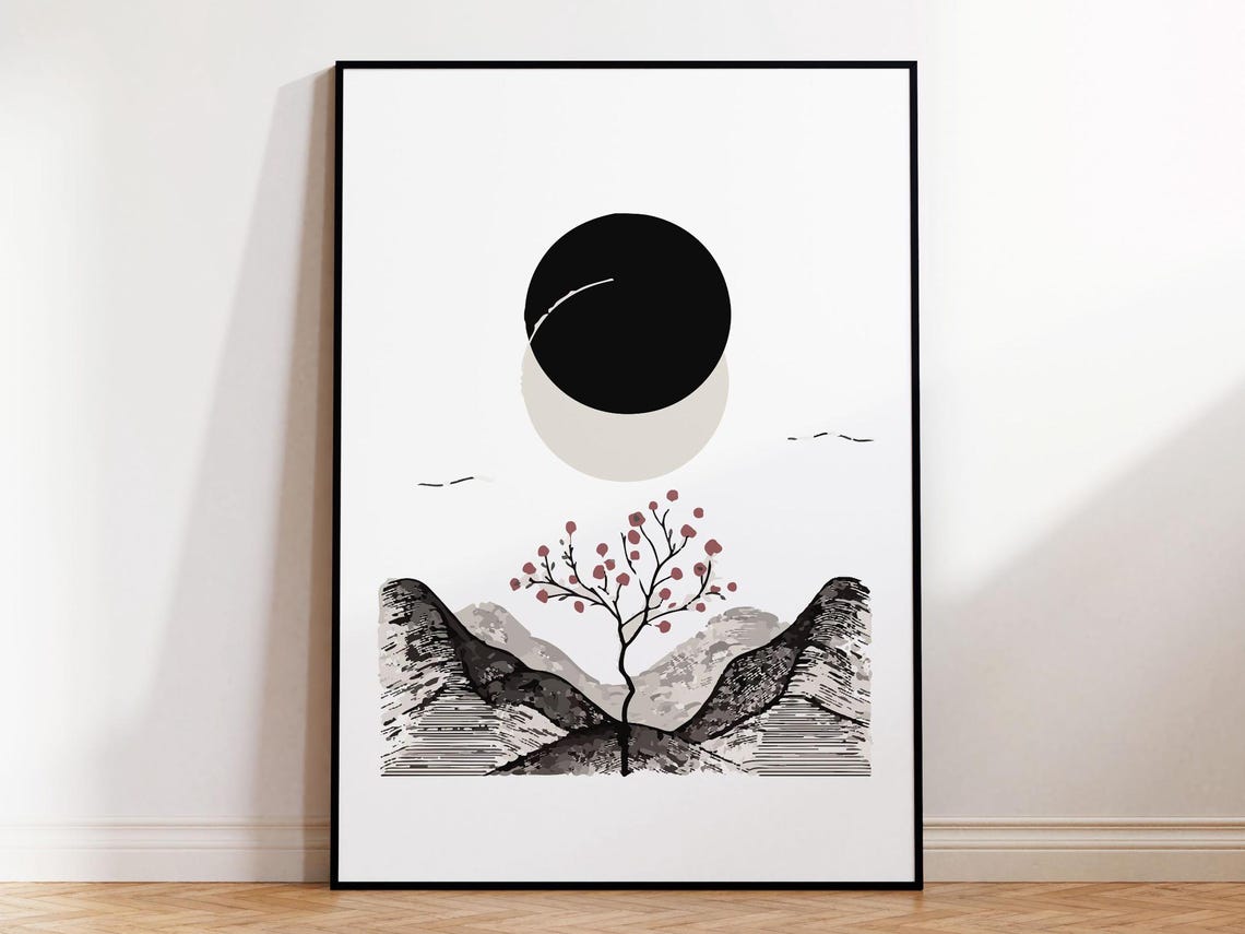 Cherry Blossom Tree and Black Moon Abstract Japanese Landscape Poster