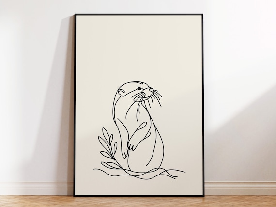 Otter With Leaves Line Art Poster Minimalist Wildlife Drawing