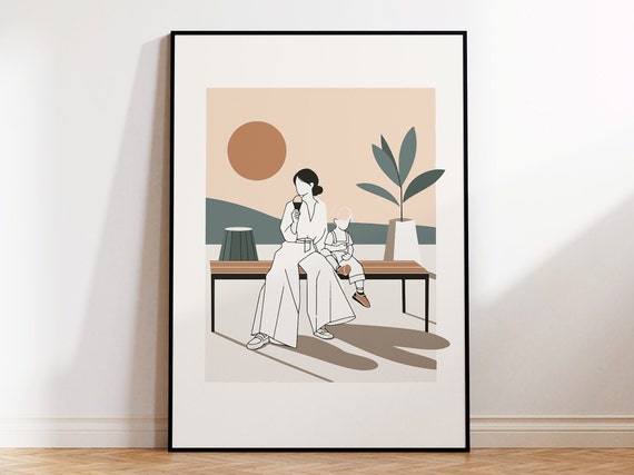 Mother And Son Eating Ice Cream On A Bench Print For Nordic Home Single Mother Poster Wall Art For Scandinavian Kitchen Pastel Colours