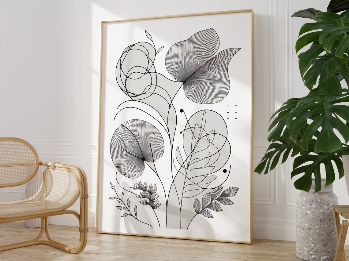 Delicate Black Line Art Botanical Flowers Leaves Minimal Poster - Image 2