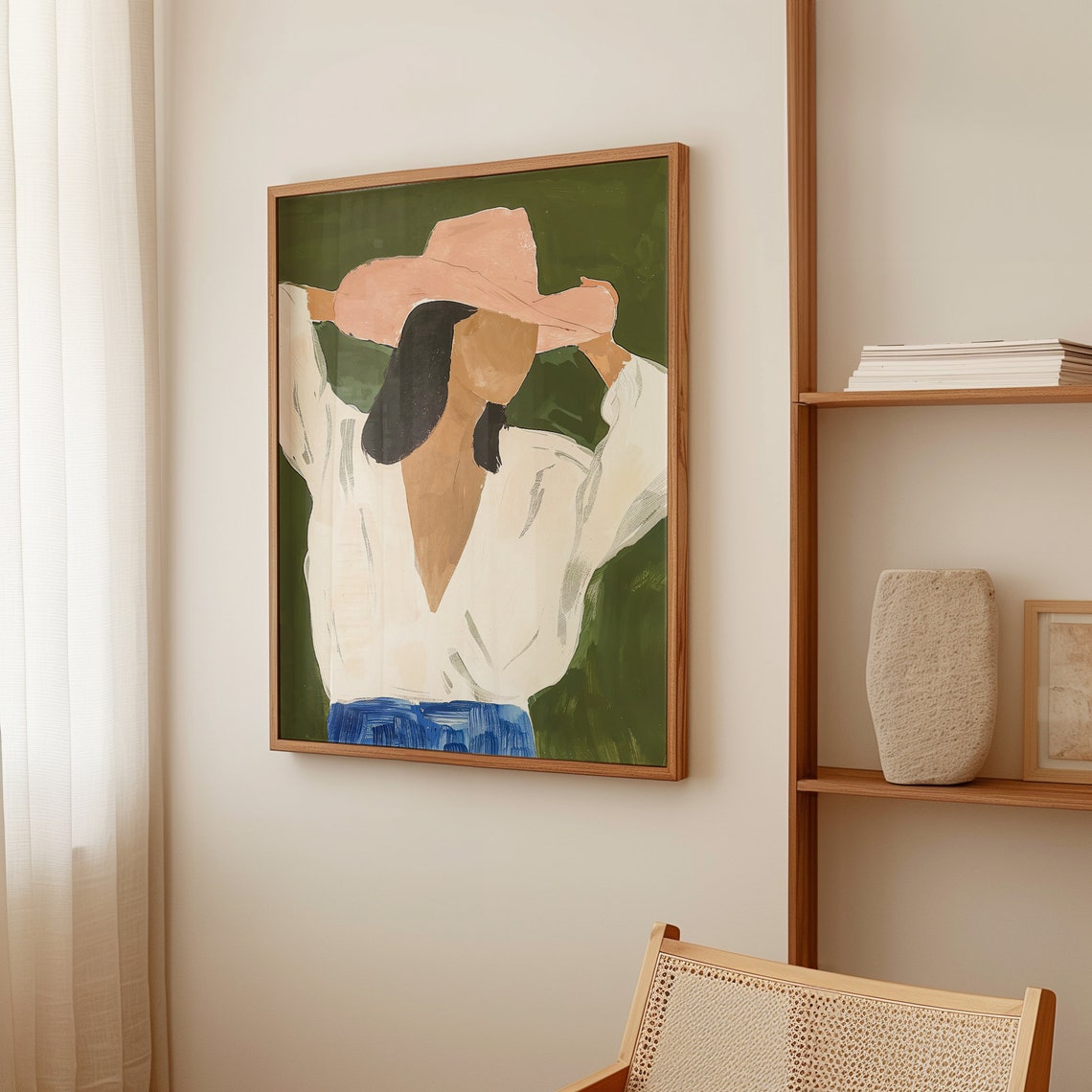 Modern Cowgirl Portrait with Pink Hat on Green Background Poster - Image 3