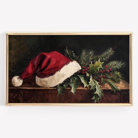 Frame Tv Art Christmas Santa Hat Botanical Artwork For Frame Tv Holidays Screensaver Moody Painting