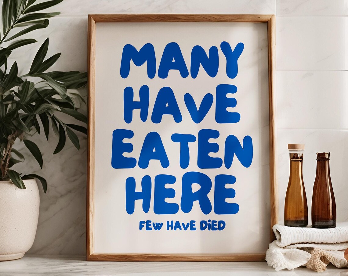 Funny Kitchen Typography Poster, Navy Blue Wall Decor