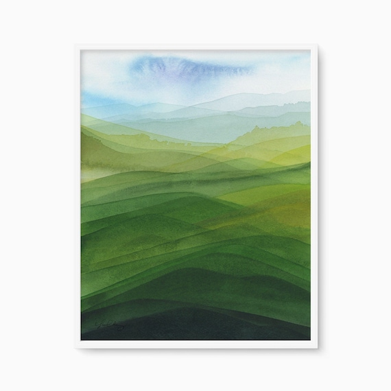 Green Rolling Hills Abstract Watercolor Landscape Art Poster