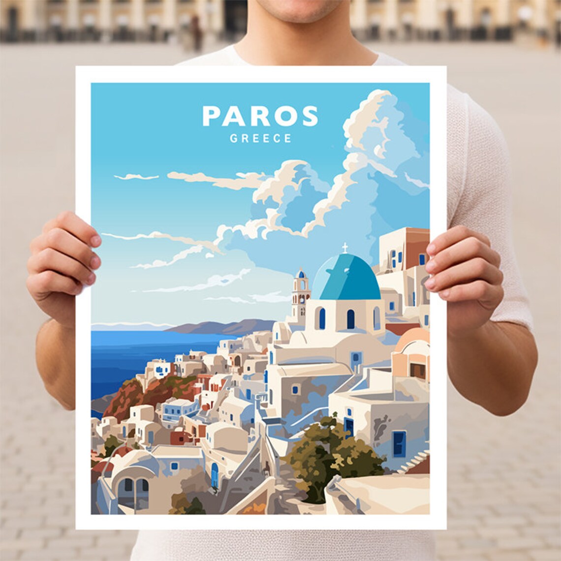 Paros Blue Dome Church Village Aegean Sea Greece Travel Poster
