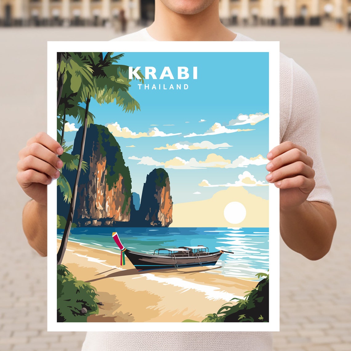Krabi Thailand Railay Cliffs Longtail Boat Sunset Beach Poster
