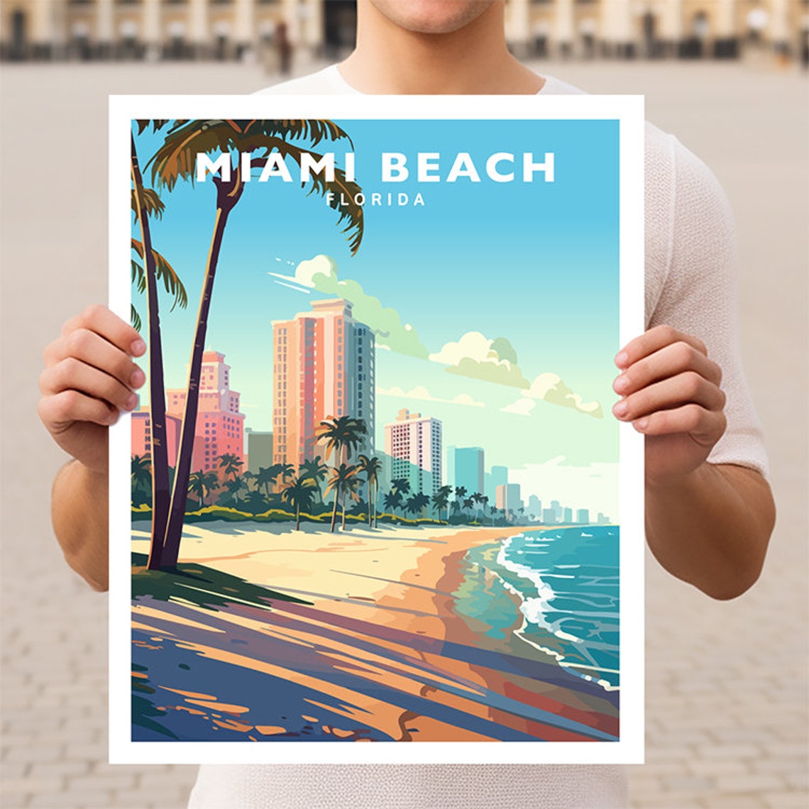 Miami Beach Florida Beachfront Hotels Palm Trees Vintage Travel Poster