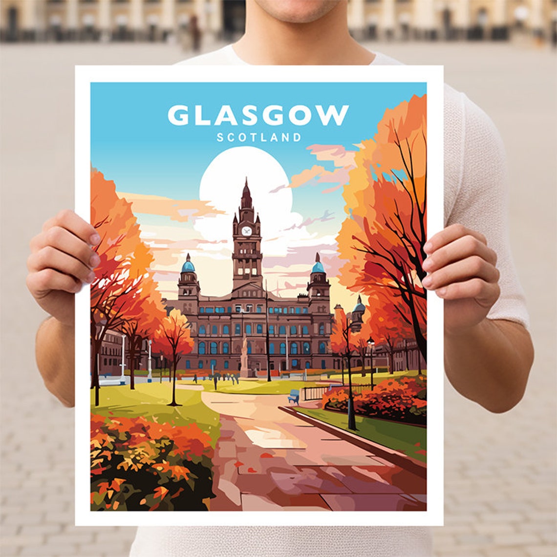 Glasgow Scotland George Square Autumn City Chambers Travel Poster