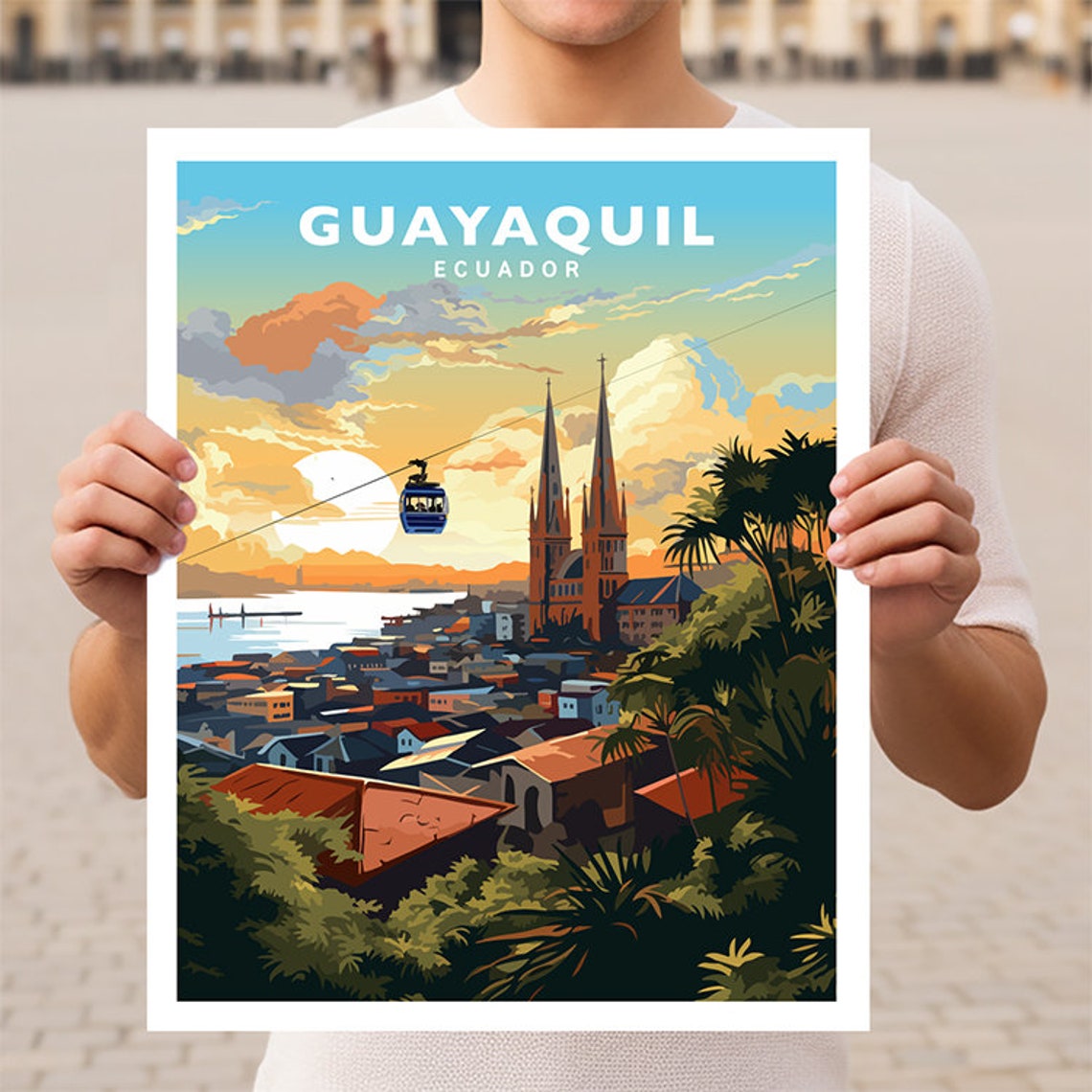 Guayaquil Ecuador Cable Car Cathedral Sunset Cityscape Poster Art