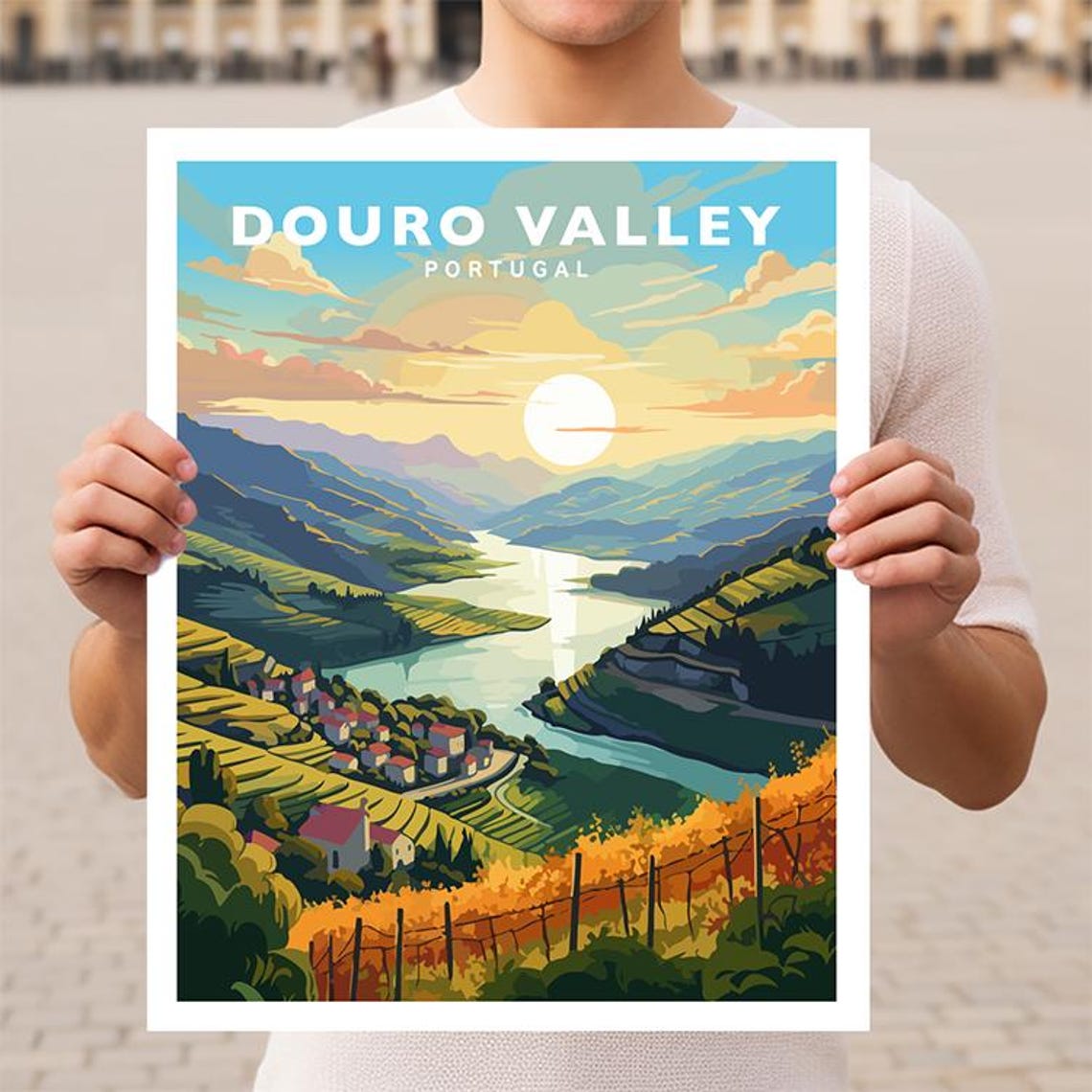 Douro Valley Portugal Terraced Vineyards River Sunset Travel Poster