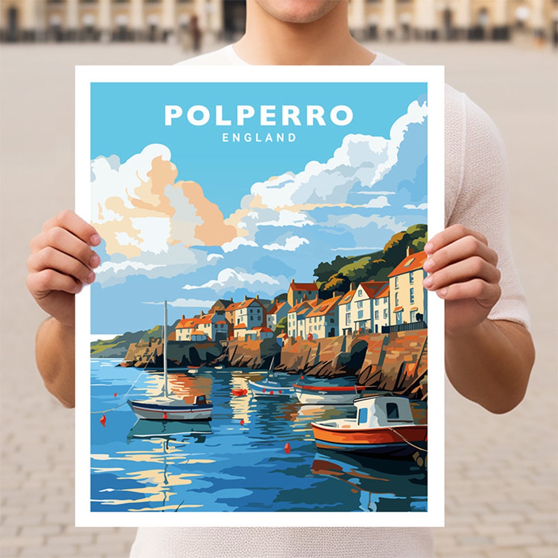 Polperro Cornwall England Fishing Harbor Boats Village Travel Poster