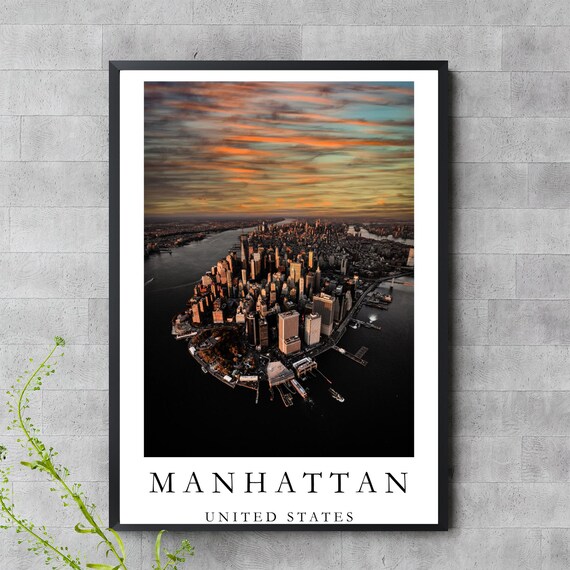 Manhattan New York City Print Aerial Cityscape Wall Art Sunset Sky Photography Nyc Skyline Poster Travel
