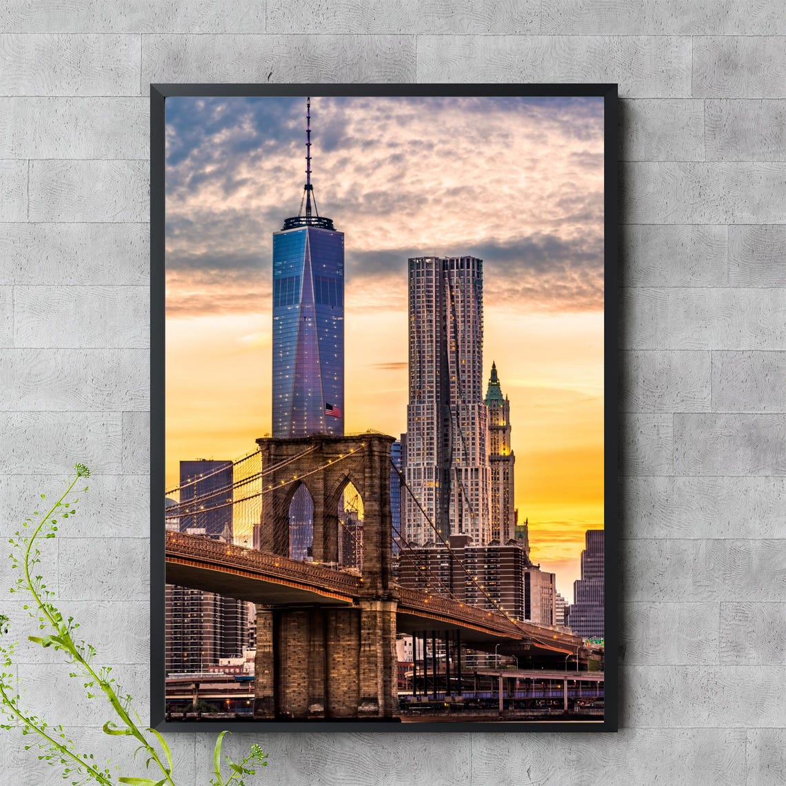 Brooklyn Bridge One World Trade Center NYC Sunset Skyline Poster