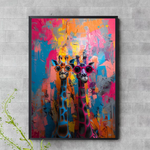 Colorful Giraffe Wall Art Funky Giraffes With Sunglasses Poster