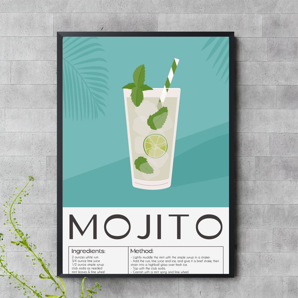 Mojito Cocktail Recipe Kitchen Bar Art Illustrated Drink Poster
