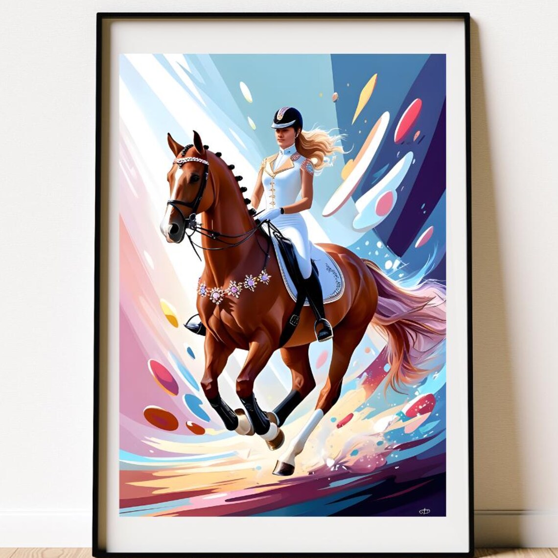 Graceful Female Show Jumping Rider on Chestnut Horse Art Poster