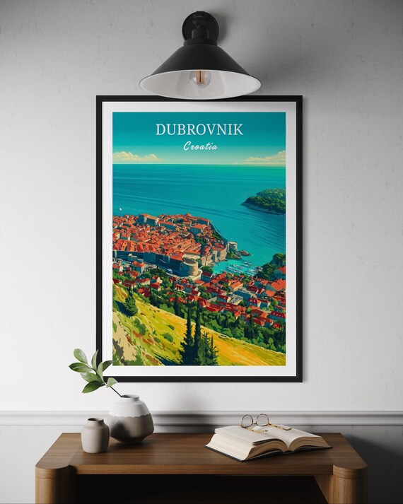 Dubrovnik Croatia Travel Poster Hilltop View Art Adriatic Coast Print Old Town Cityscape European Decor Artwork Balkan