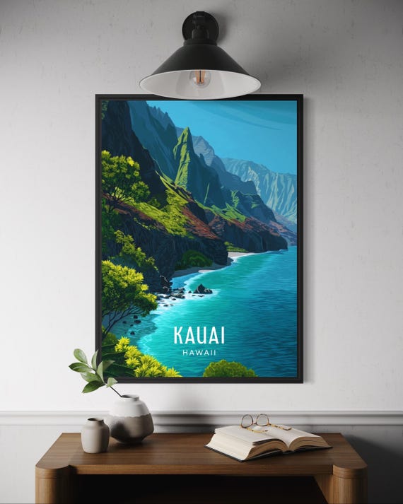 Kauai Travel Poster Hawaiian Island Wall Art Tropical Landscape Print Nature Decor Scenic Hawaii Beach Artwork Mountain Cliff