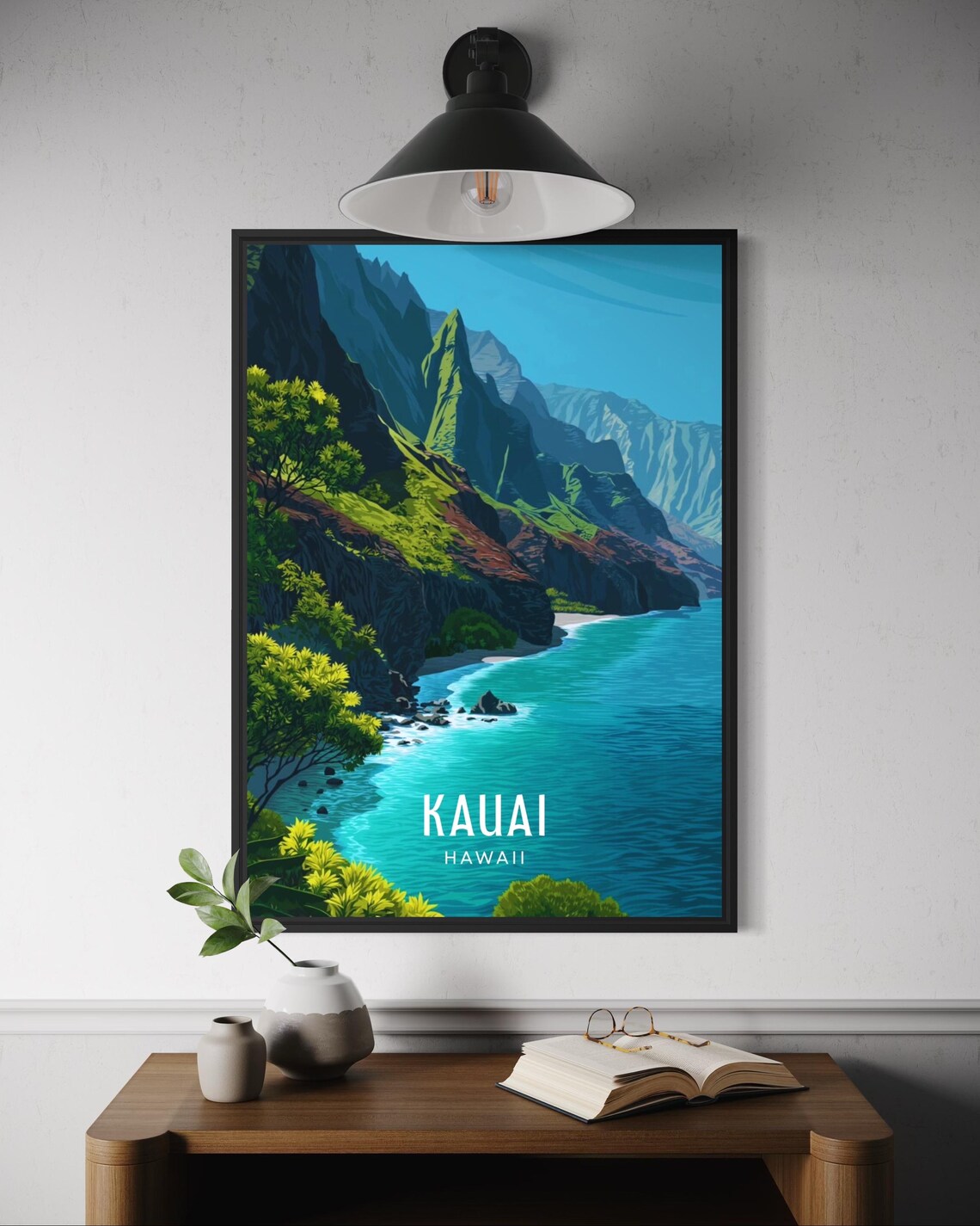 Kauai Hawaii Green Sea Cliffs Turquoise Cove Vintage Travel Poster