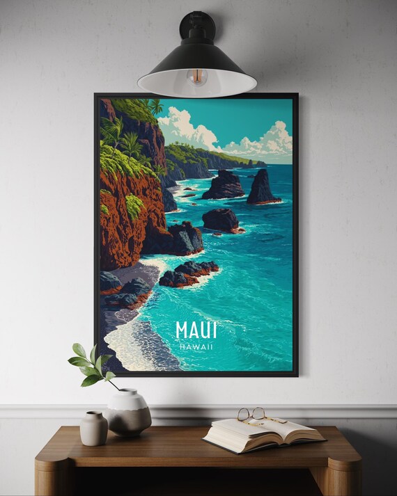 Maui Hawaii Sea Cliffs Turquoise Coast Vintage Travel Poster