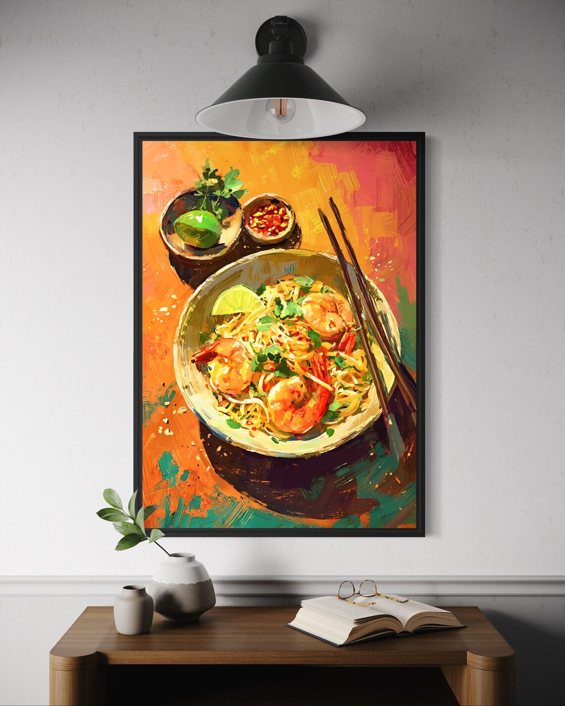 Shrimp Pad Thai Noodle Bowl Painterly Thai Kitchen Food Poster