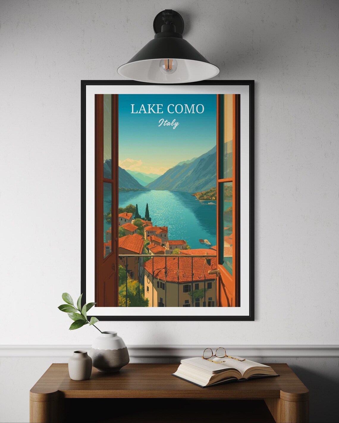Lake Como Italy Window View Village Roofs Vintage Travel Poster