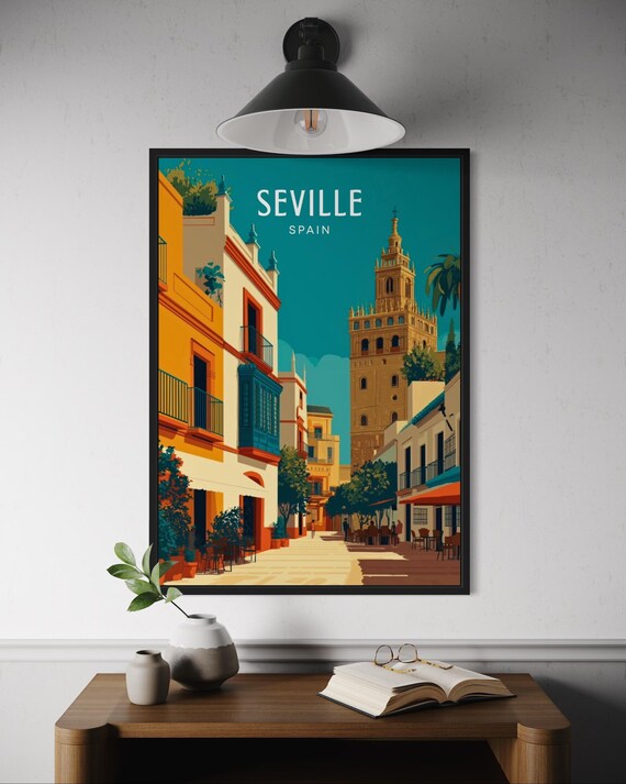 Seville Spain Poster Colorful Street View Wall Art Andalusia Travel Print Spanish Architecture Decor Europe Cityscape