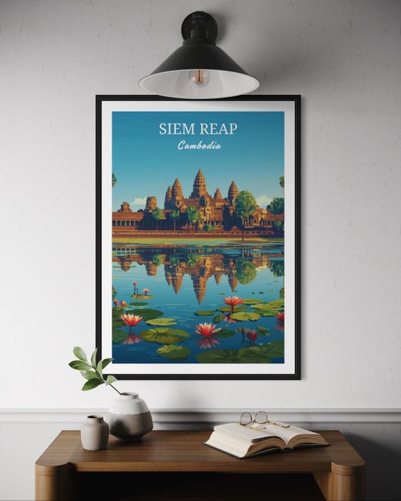 Angkor Wat Travel Poster Cambodia Wall Art Print Siem Reap Decor Temple Illustration Ancient Landmark Gift Tropical Asia