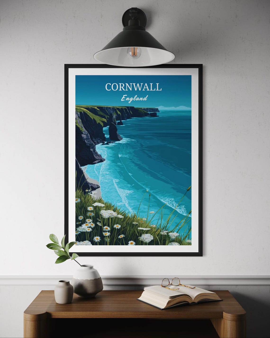 Cornwall England Coastal Sea Cliffs Daisy Vintage Travel Poster