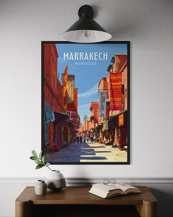 Marrakech Morocco Colorful Souk Market Rugs Street Travel Poster