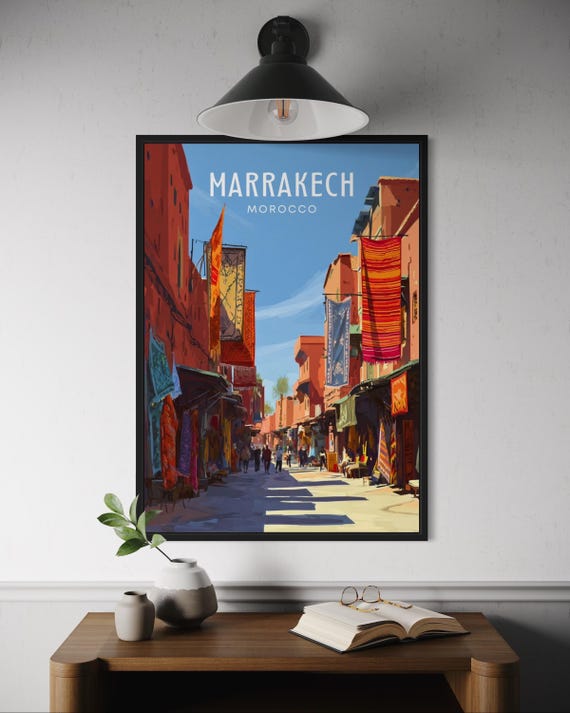 Marrakech Morocco Travel Poster Colorful Rug Street View Wall Art Medina Market Print Moroccan Decor North Africa Artwork