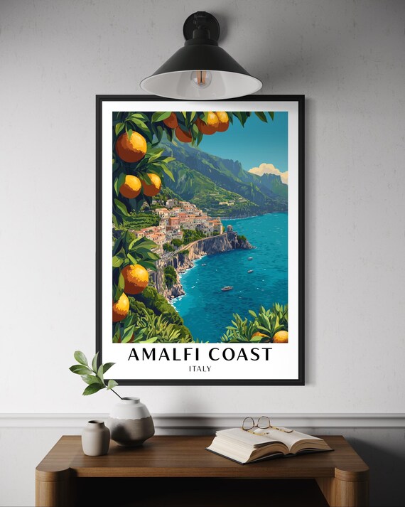 Amalfi Coast Italy Poster Coastal Travel Wall Art Italian Seaside Print Mediterranean Decor Positano Europe Illustration