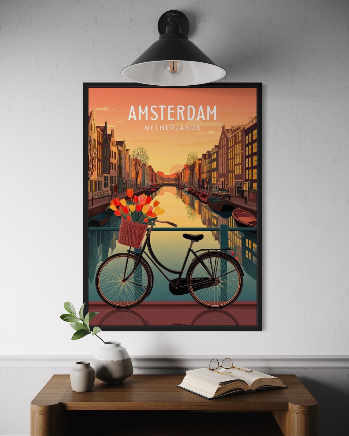 Amsterdam Netherlands Sunset Canal Bike Tulip Bridge Romantic Travel Poster