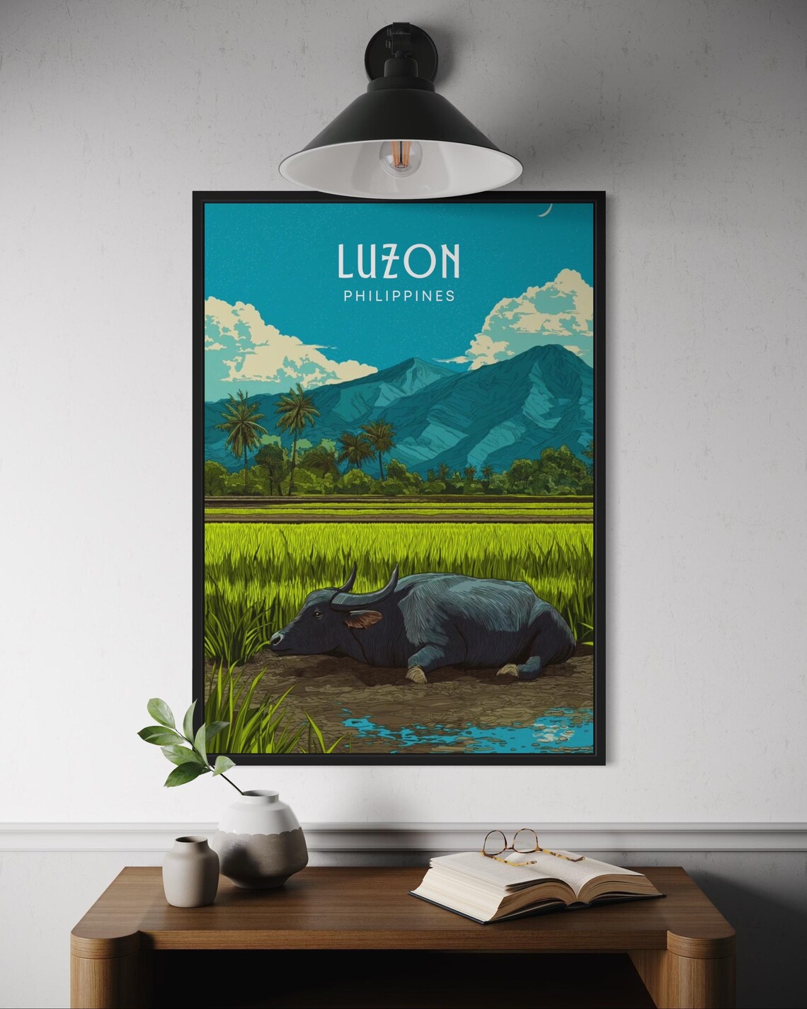 Luzon Philippines Carabao Rice Paddy Mountain Palm Poster Art