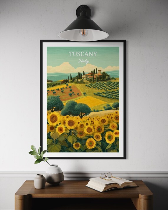 Tuscany Italy Sunflower Field Farmhouse Vintage Travel Poster