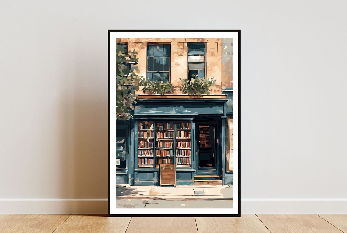 Cozy Bookshop Storefront Glowing Bookshelves Illustration Poster